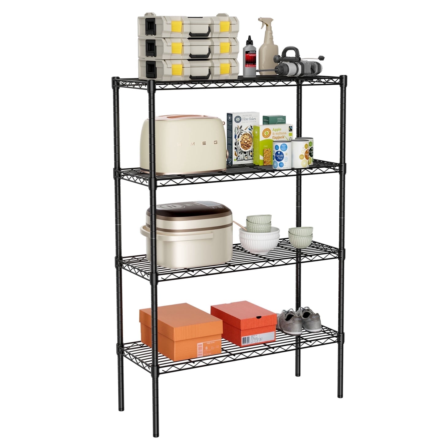 EDX 4-Tier Storage Shelf Unit,48-Inch Metal Wire Shelving Rack ,Adjustable Layer Height,for Kitchen Garage Living Room, Black