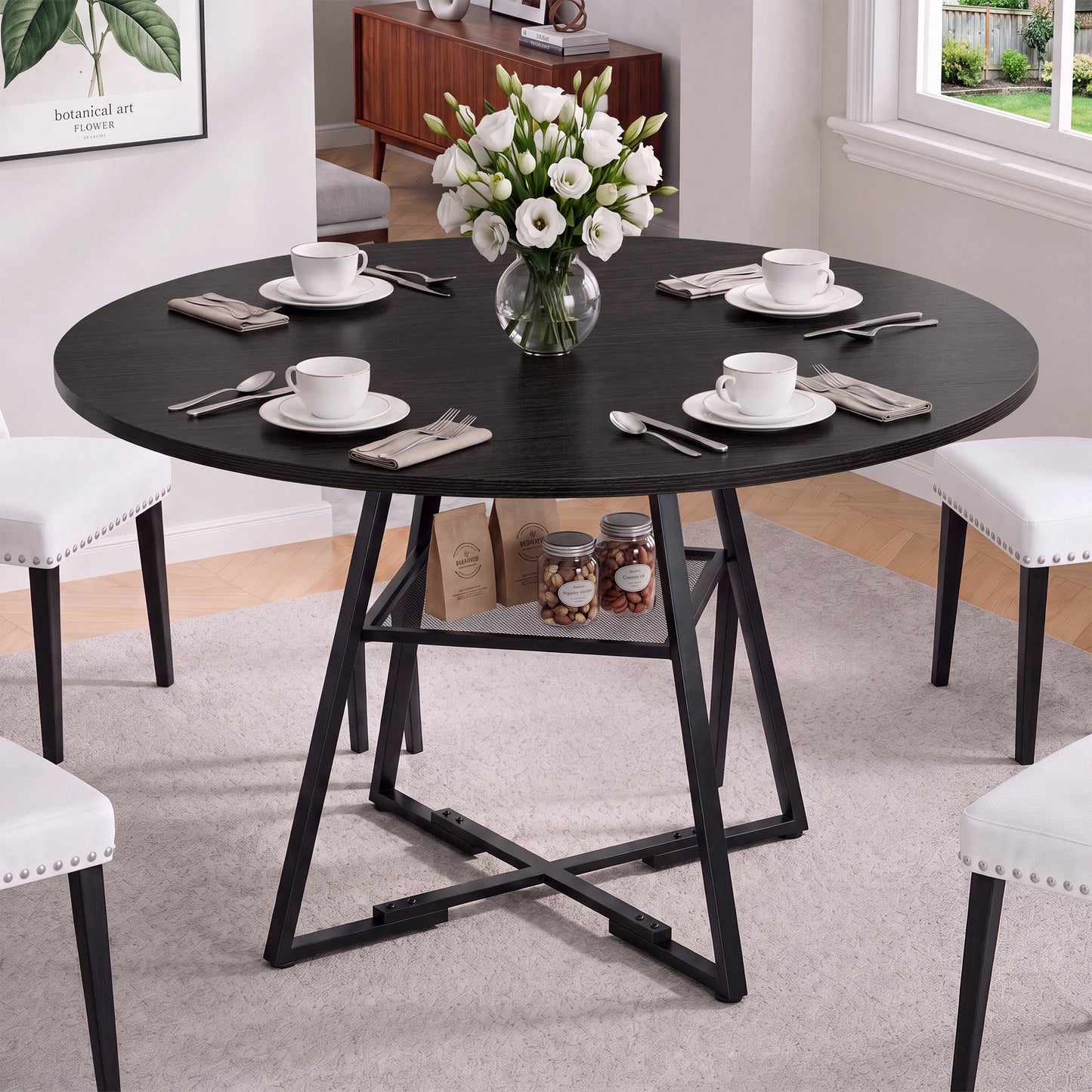 EDX 47In Round Dining Table for 4-6, Circle Kitchen Table with Pedestal Metal Frame Storage, Space Saving Farmhouse Wood Kitchen Table, for Kitchen, Living Room, Black