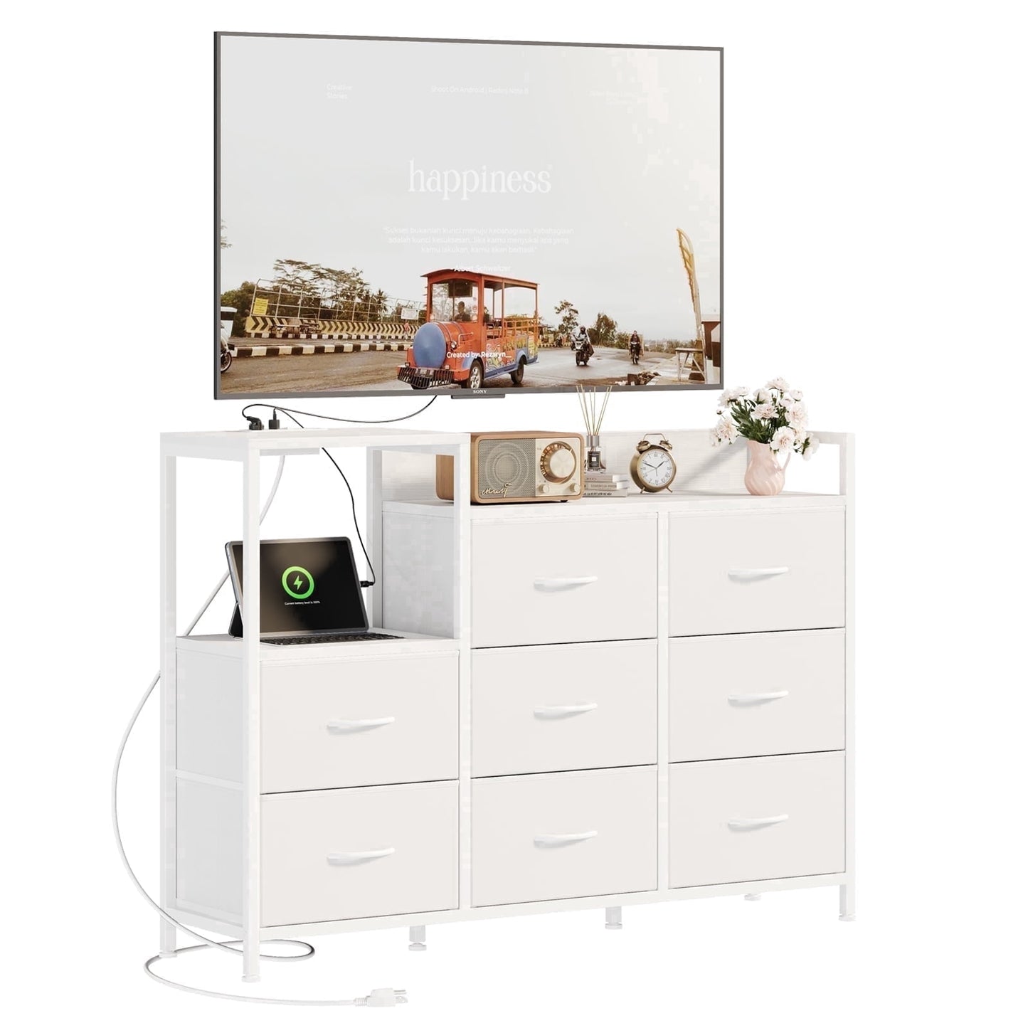 EDX 8 Drawer Dresser TV Stand, with Power Outlets and Open Shelves, for Bedroom and Living Room, White