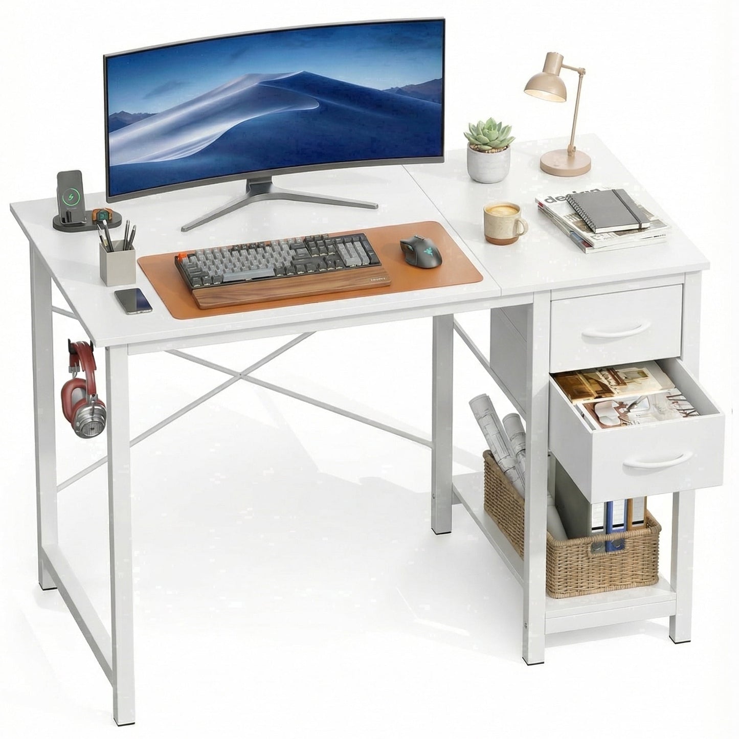 edx Office Desk with 2 Fabric Drawers & Headphone Hook, 40†PC Table Writing Desk with Storage Shelf, Computer Workstation for Bedroom Study,White