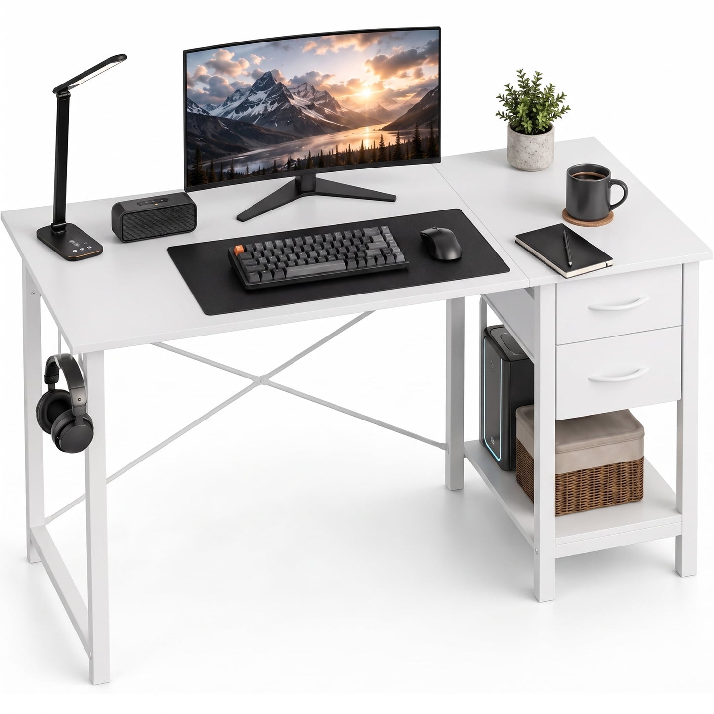 edx 47†Home Office Computer Desk with 2 Fabric Drawers, Storage Shelf, X-Frame Support, Spacious Computer Workstation Writing and Study Desk,White
