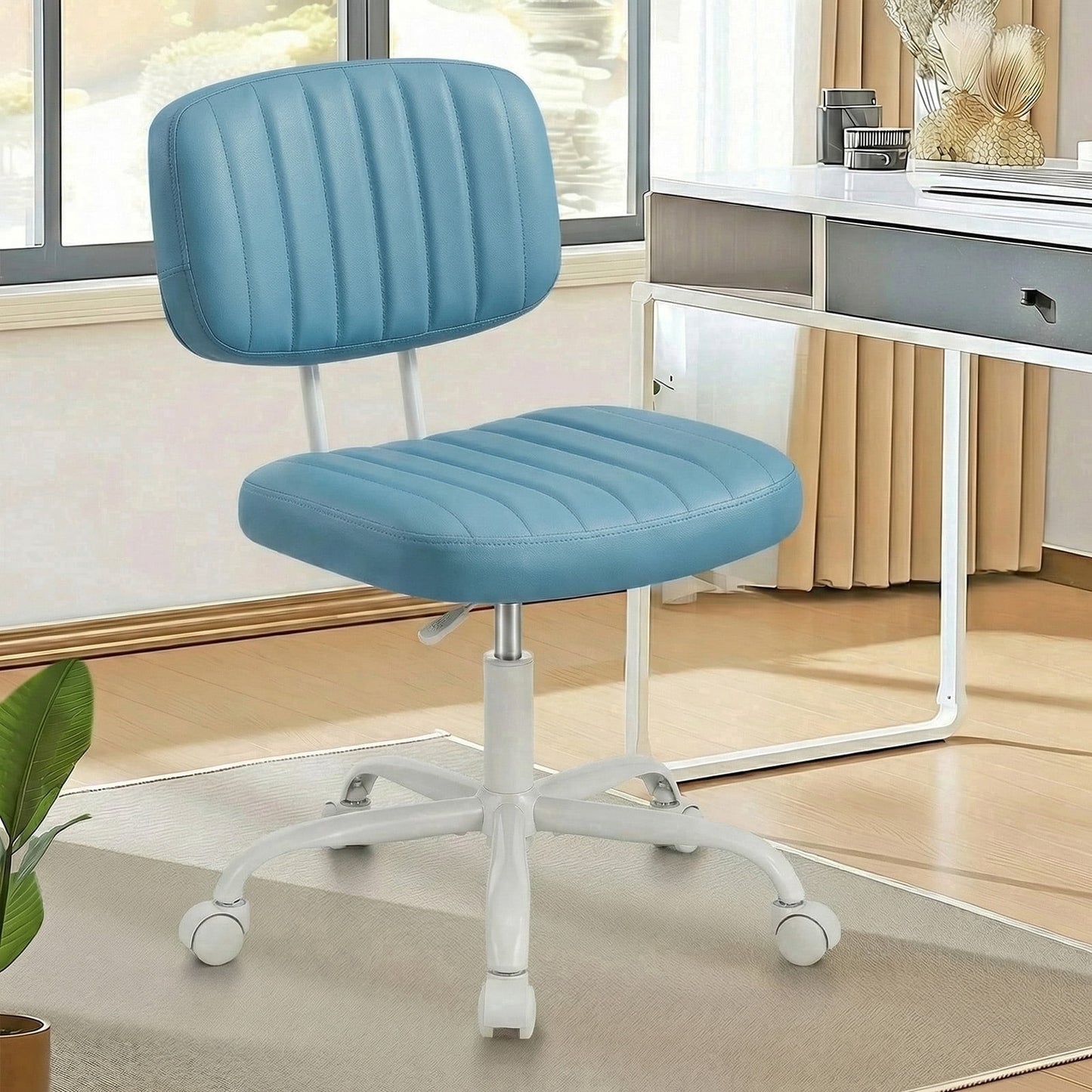 edx Adjustable Height Armless Office Desk Chair with Wheels, PU Leather Mid Back 360°Swivel Small Computer Chair, Modern Task Chair for Home Office Reading Meeting Room, Blue