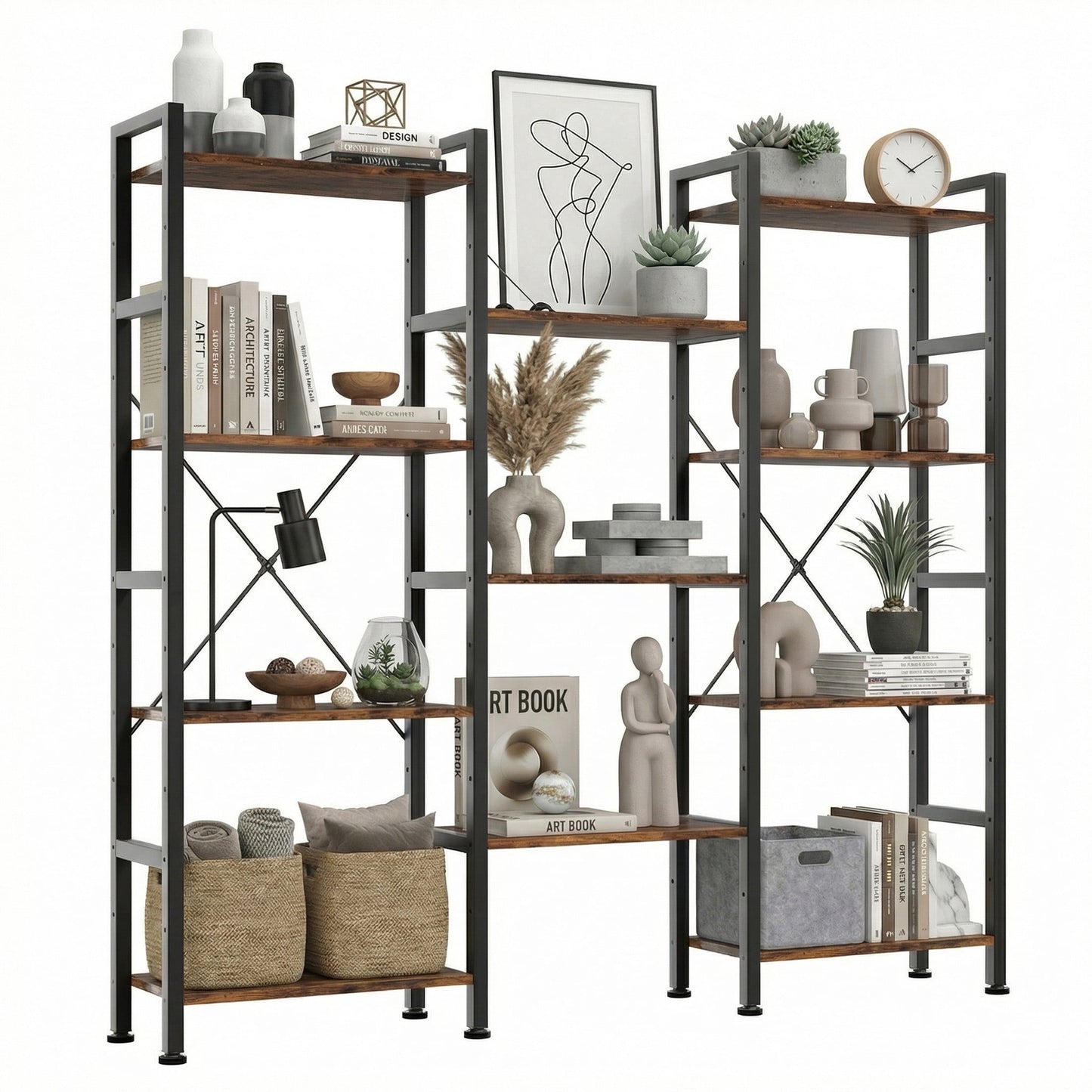EDX Triple 4 Tier Bookshelf Storage Shelf, Modern Freestanding Bookcase with Metal Frame, Open Display Shelves, Space Saving Storage Organizer, Rustic Brown