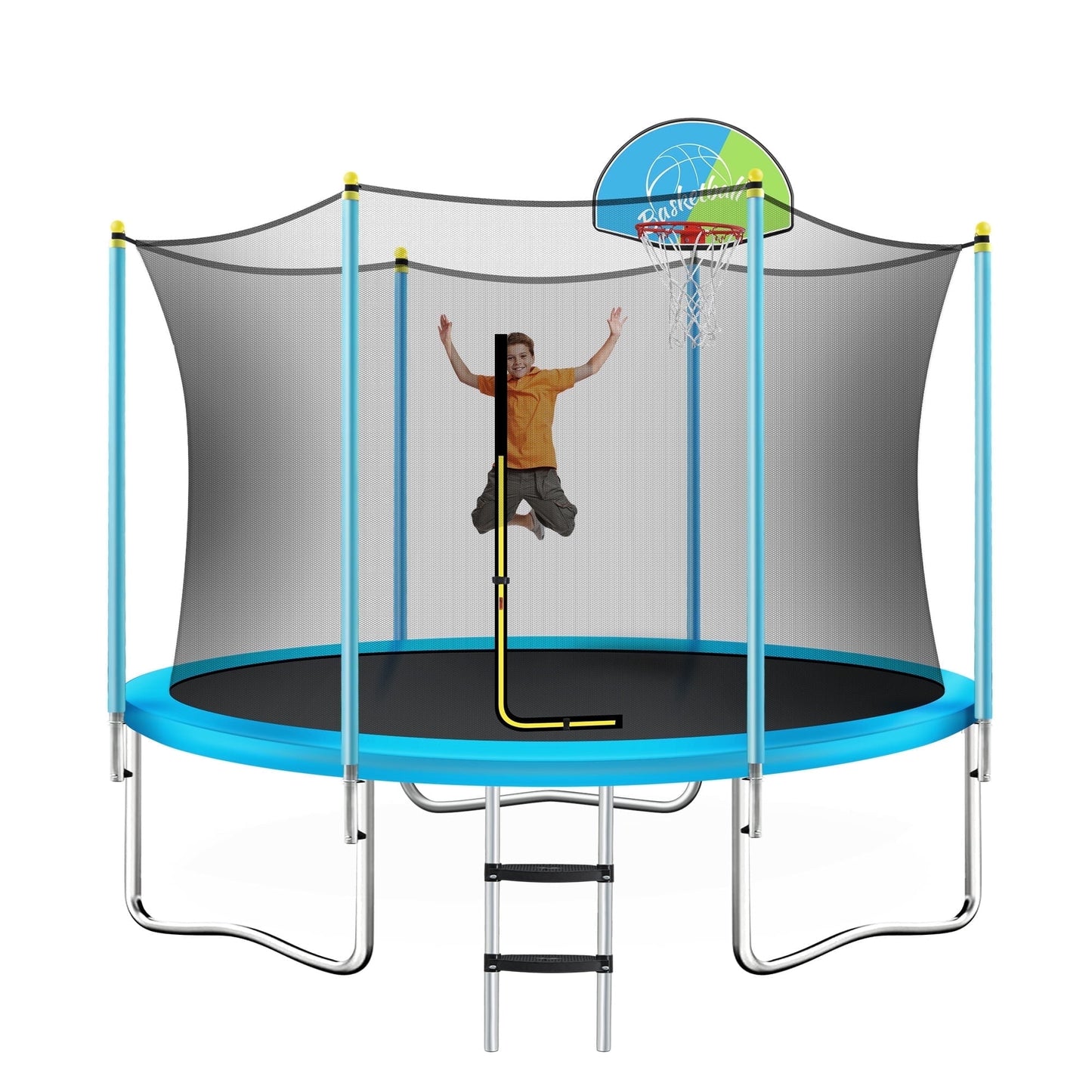 EUROCO 8FT Trampoline for Kids with Safety Enclosure Net, Basketball Hoop and Ladder, Easy Assembly Round Outdoor Recreational Trampoline