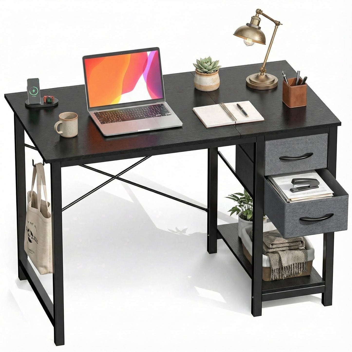 edx Office Desk with 2 Fabric Drawers & Headphone Hook, 40†PC Table Writing Desk with Storage Shelf, Computer Workstation for Bedroom Study, Black Grain