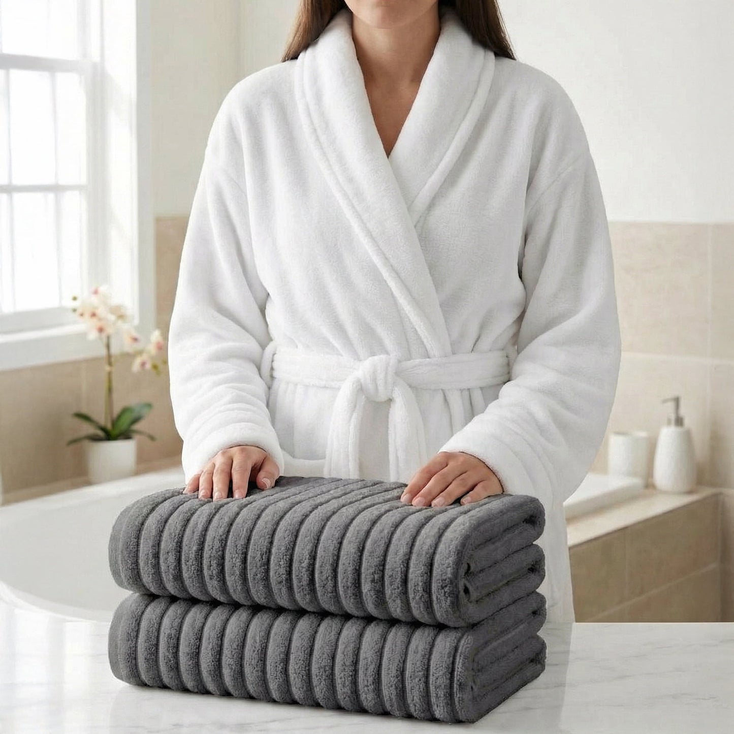 Elegant Comfort 3-Piece Spa Bath Set – Plush Bathrobe & 2 Ribbed Bath Towels, Thick Absorbent Hotel Quality Bathroom Essentials, Gray Bath Towel, White Robe ,Small