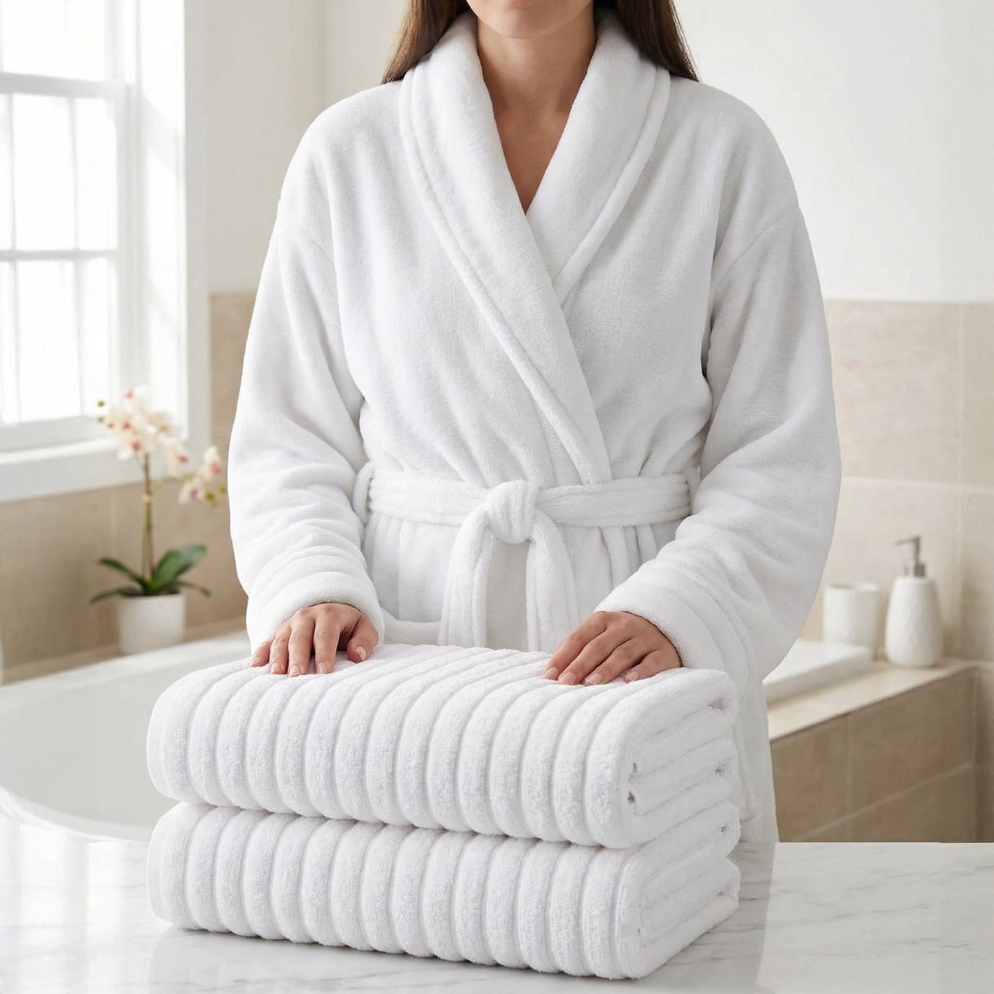 Elegant Comfort 3-Piece Spa Bath Set – Plush Bathrobe & 2 Ribbed Bath Towels, Thick Absorbent Hotel Quality Bathroom Essentials, White Bath Towel, White Robe ,Small