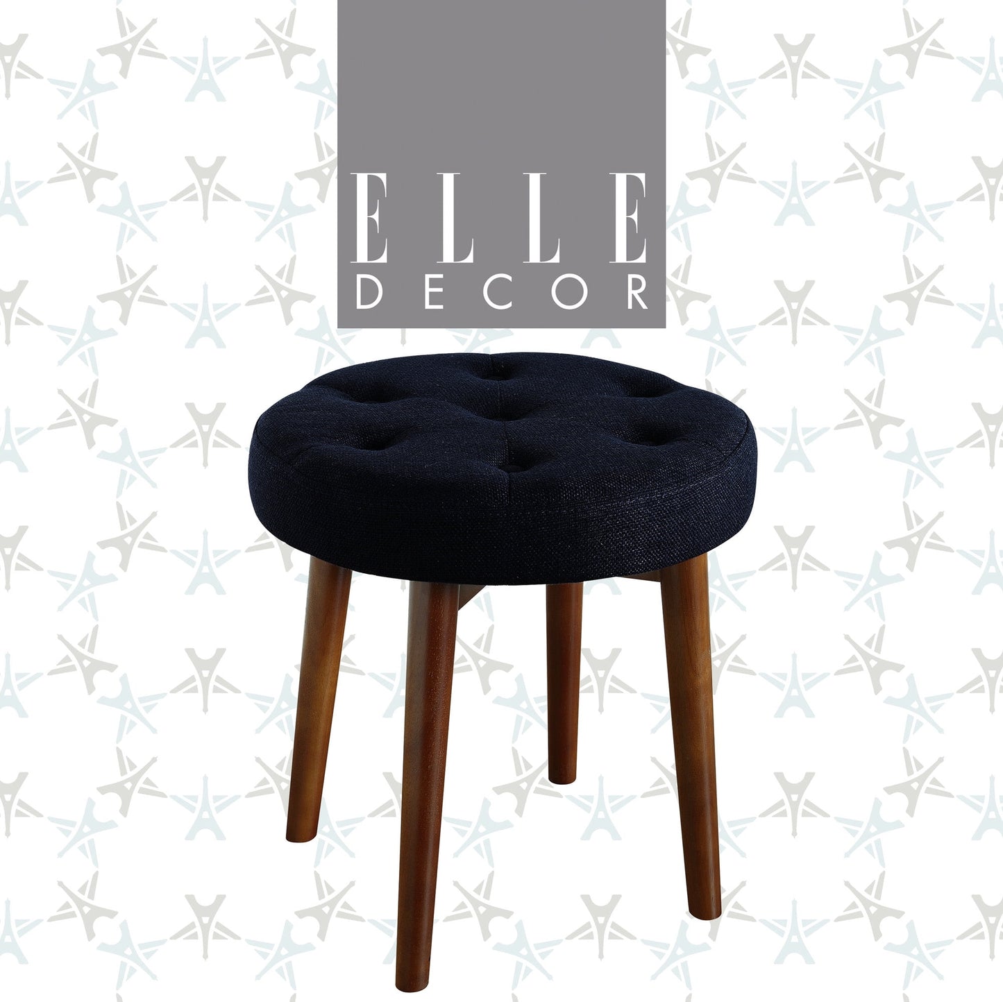 Elle Decor Penelope Tufted Upholstered Round Ottoman Foot Stool, Navy Blue