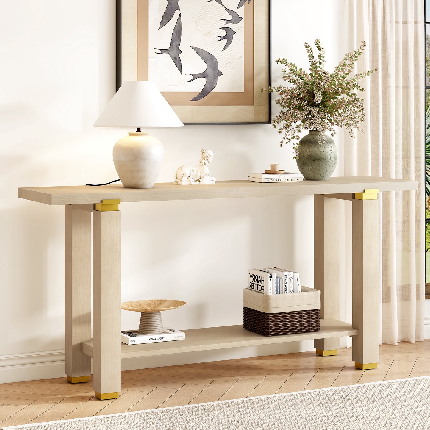 Euroco 63" Long Console Table, Solid Wood Narrow Sofa Table Behind Couch with Bottom Shelf,Modern Entryway Table for Hallway Living Room,Natural