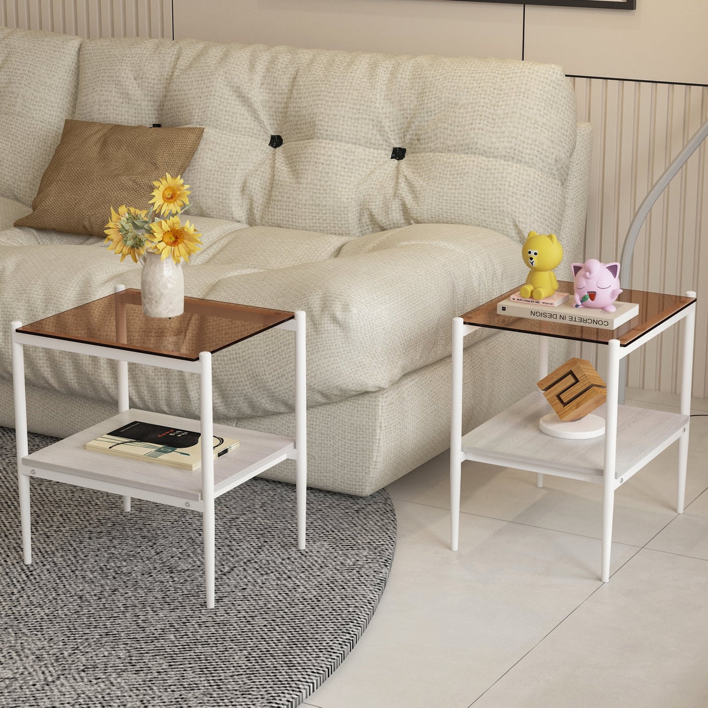 Euroco Set of 2 Rectangle End Table, Tempered Glass Tabletop with MDF layer, Modern Table for Living Room , Brown Glass
