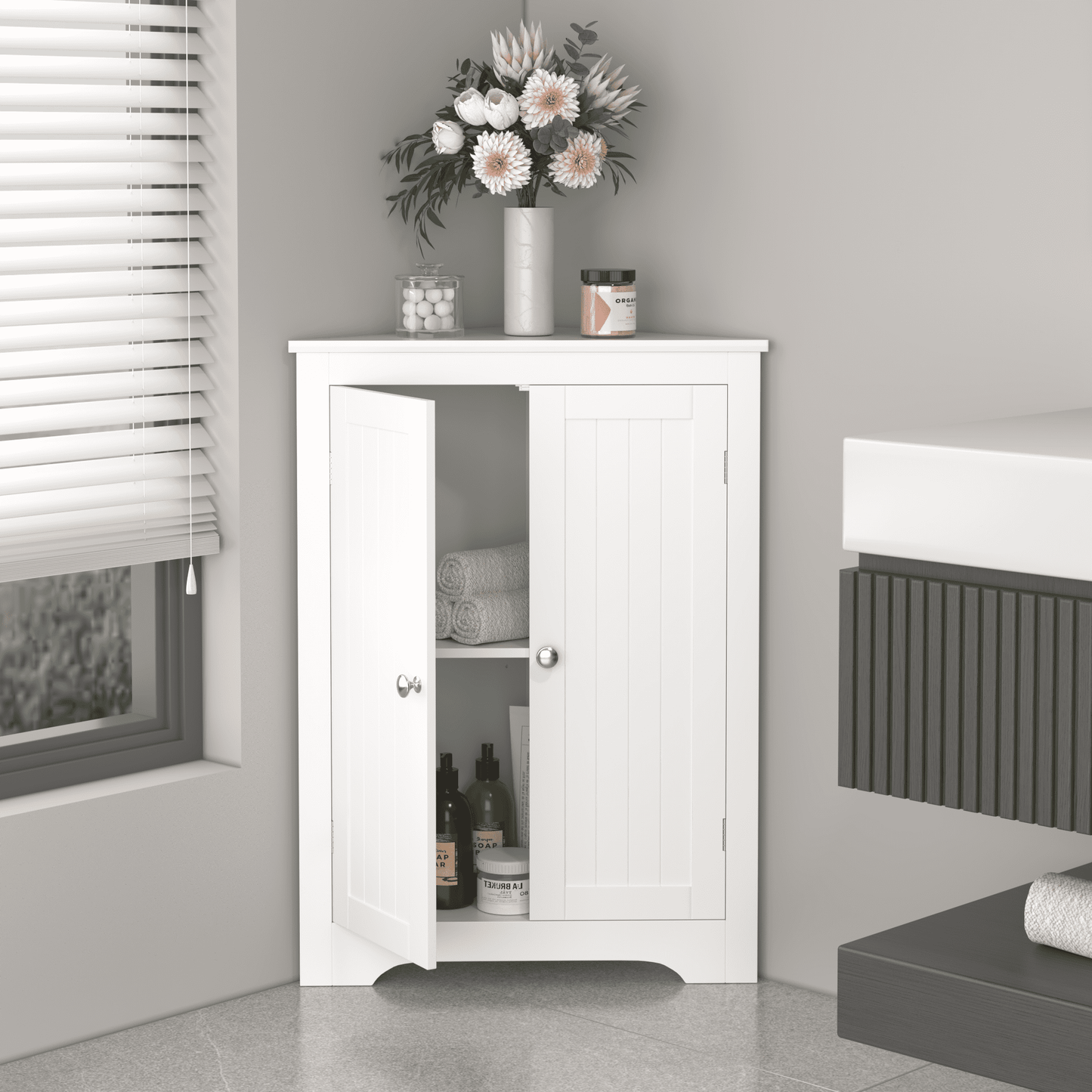Euroco White Corner Storage Cabinet with Doors and Adjustable Shelf, Freestanding Floor Cabinet for Bathroom, Living Room, or Entryway