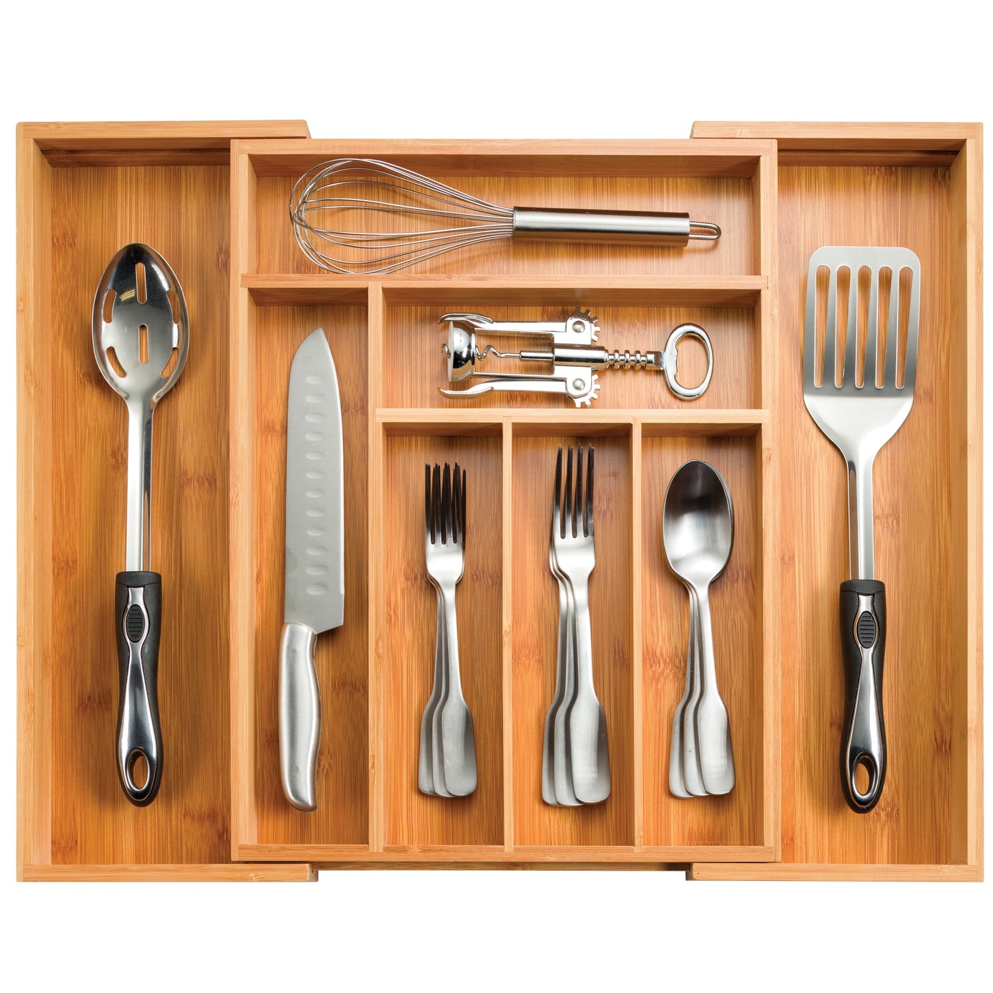 Expandable Bamboo Utensil Drawer Organizer, 17" Long, Adjustable 13"–22.2" Wide, 2" Deep, Up to 8 Compartments for Cutlery, Flatware & Kitchen Tools