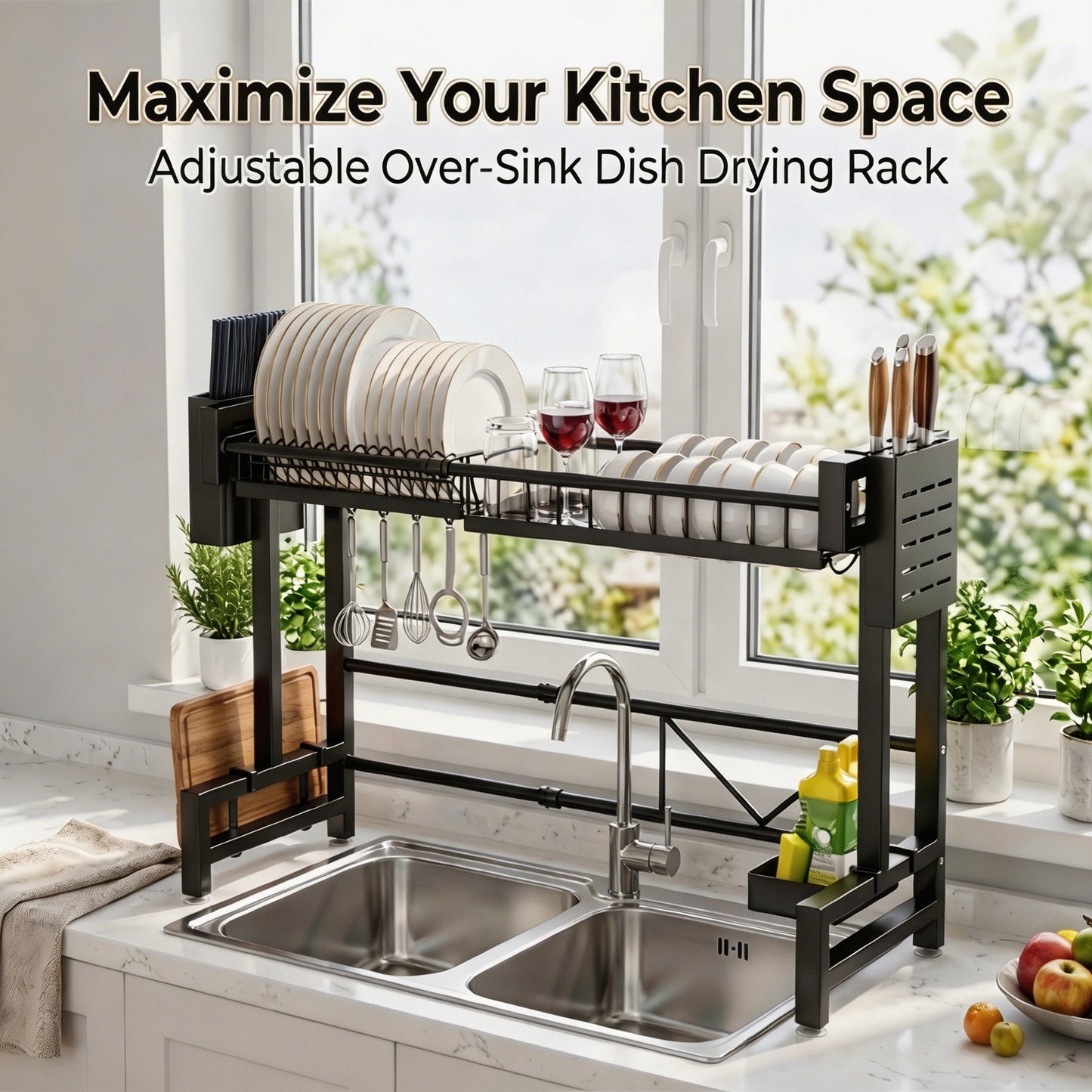 Expandable Over The Sink Dish Drying Rack, Adjustable Large Dish Drainer Organizer for Kitchen Countertop, Anti-Rust Space Saver Storage Shelf with Utensil Holder & Hooks, Black