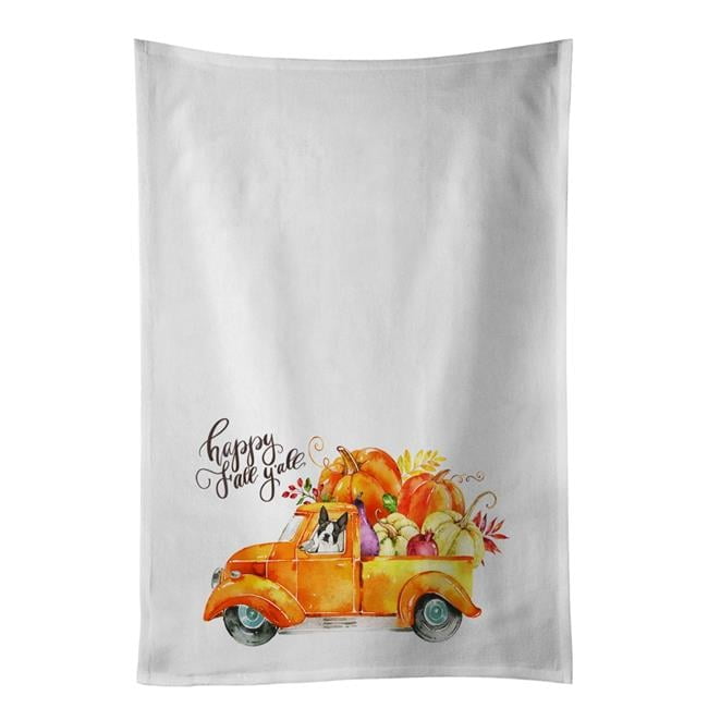 Fall Harvest Boston Terrier White Kitchen Towel Set of 2 Dish Towels