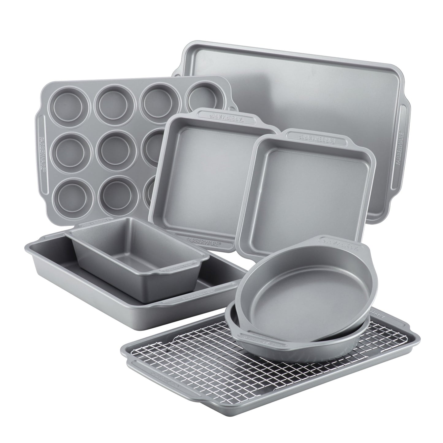 Farberware 10 Pcs Nonstick Bakeware Set with Cooling Rack, Dishwasher Safe and Oven Safe to 450°F, Gray