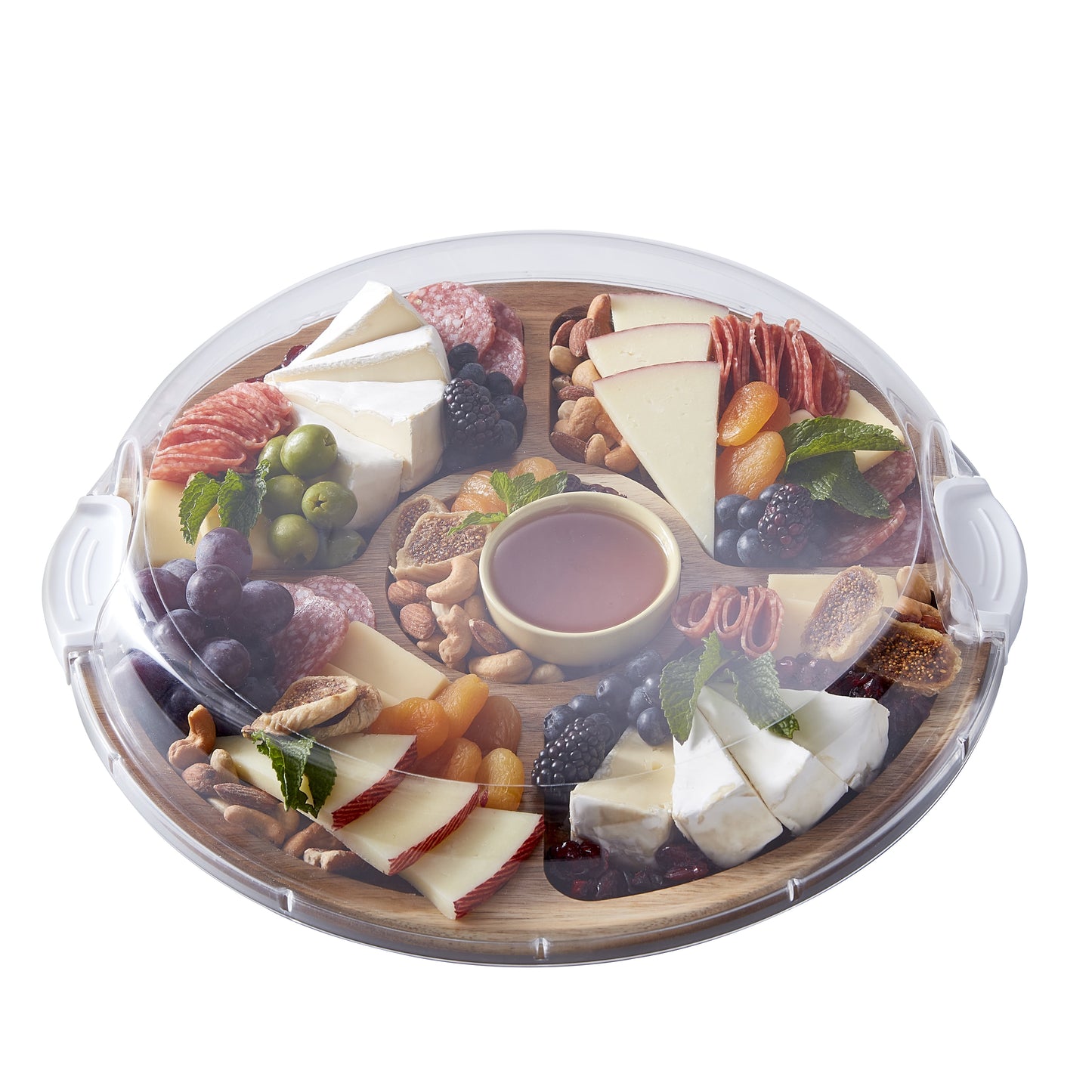 Farberware Build-A-Board 14-Inch Round Acacia Cutting Board with Lazy Susan, 5 Compartments & Locking Lid
