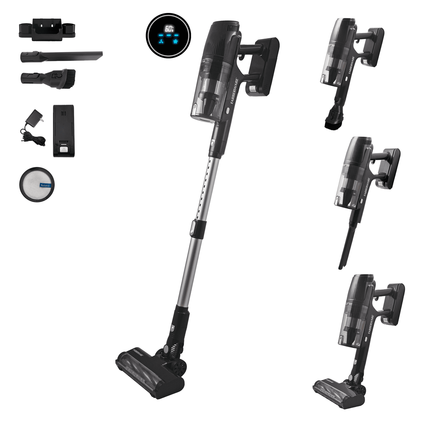Farberware Cordless Elite Stick Vacuum Cleaner, Powerful Suction with 3 Speeds for Carpet and Hard Floors, Converts to Handheld Vacuum, LED Screen