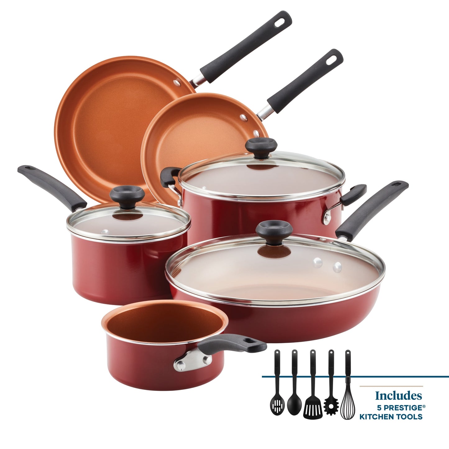 Farberware Easy Clean Pro Juego de Utensilios de Cocina Antiadherentes de Cerámica de 14 Pzas con Herramientas de Cocina, Apto para Lavavajillas, Rojo