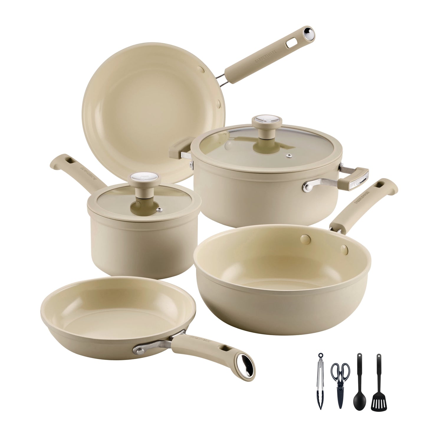 Farberware TrueCook 12pc Ceramic Cookware Set, Dishwasher and Oven Safe, Taupe