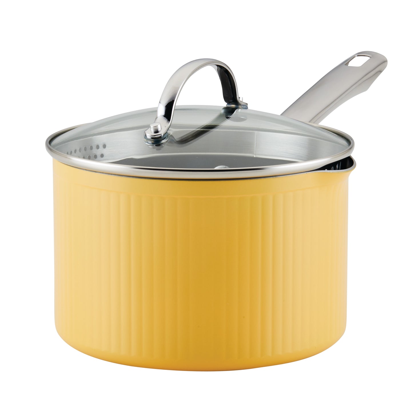 Farberware Style 3 Quart Nonstick Straining Saucepan with Tempered Glass Lid, Dishwasher Safe and Oven Safe to 500°F, Yellow