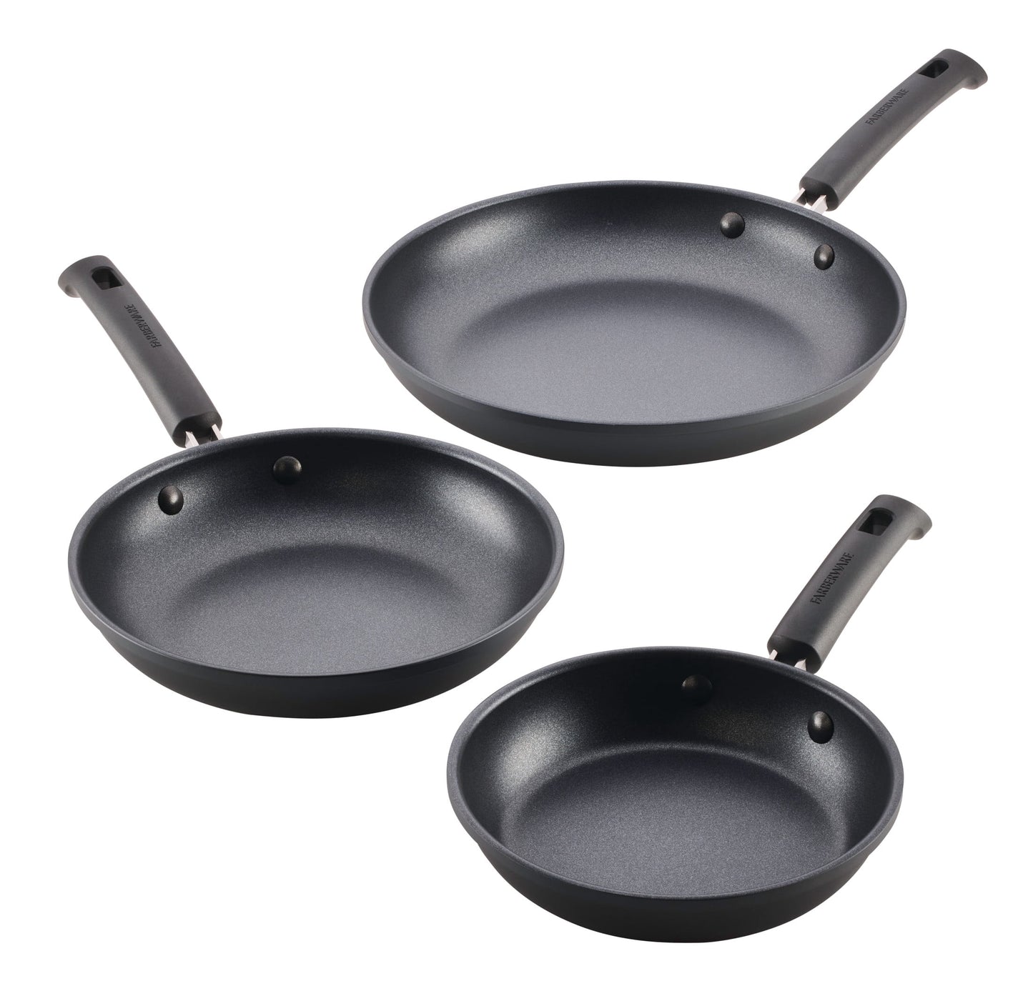 Farberware TrueCook 3pc Nonstick Frying Pan Set, 8.25, 10, and 12.25-Inch, Dishwasher and Oven Safe, Black