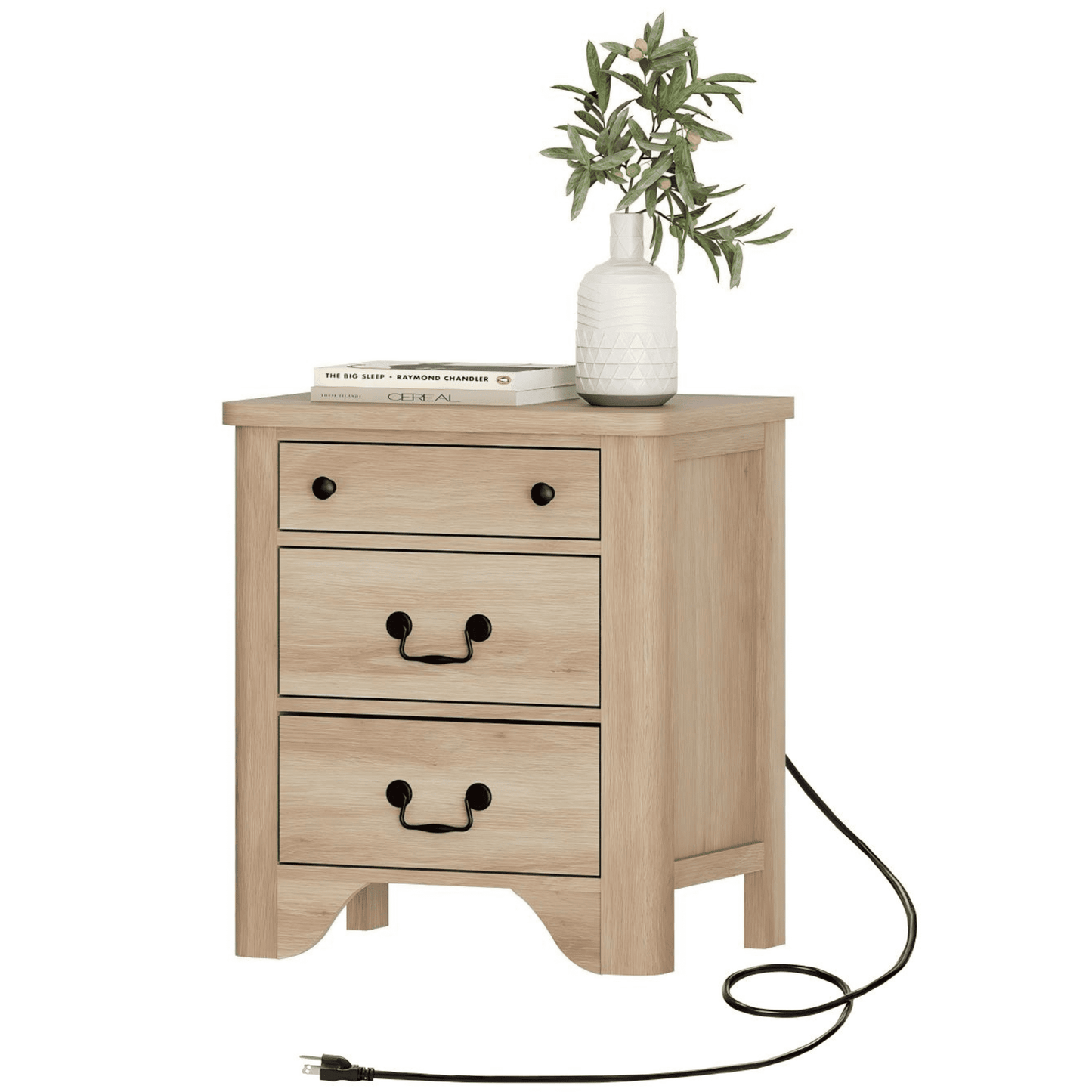 Farmhouse 3-Drawer End Table with Charging Station, Wood Side Table for Living Room, Oak
