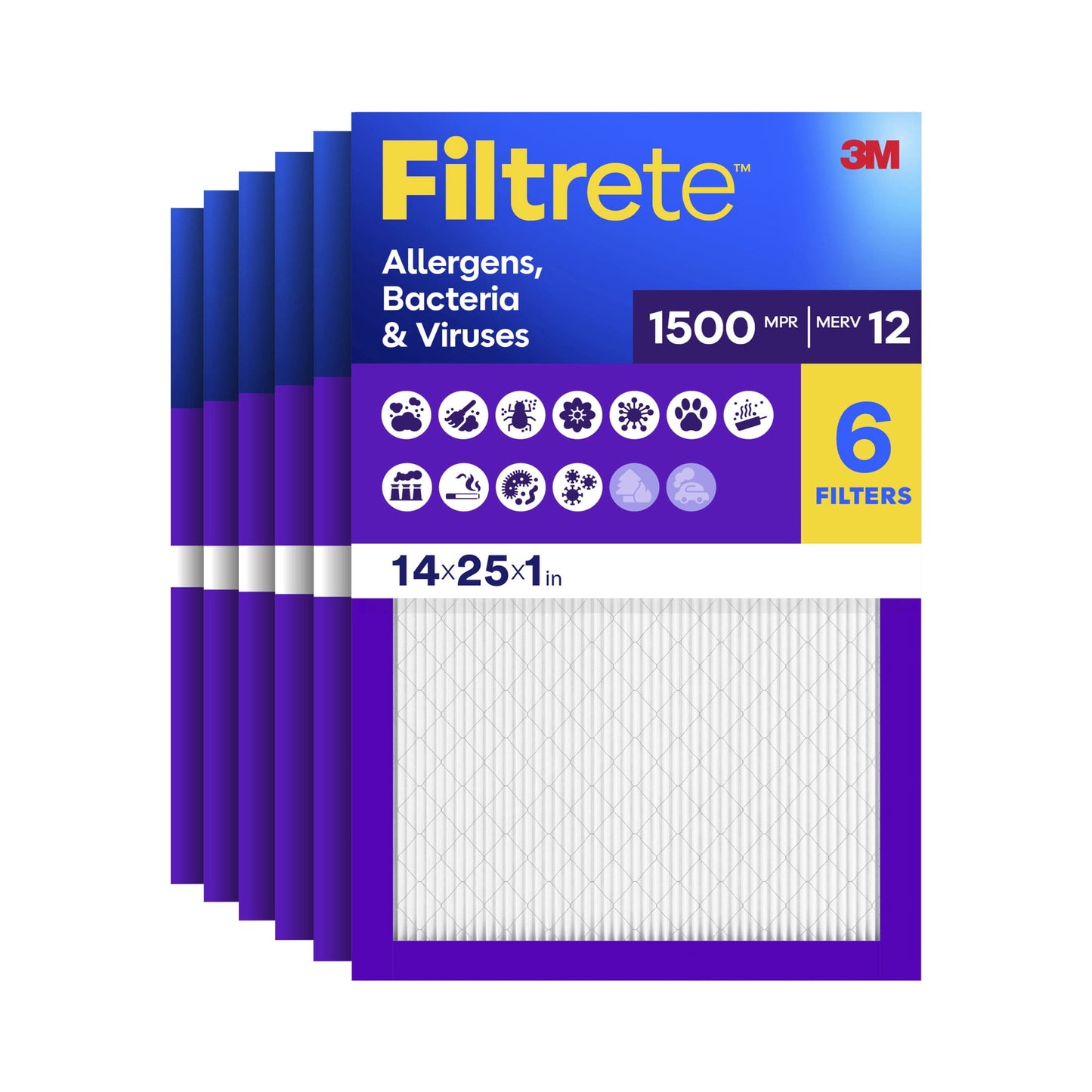 Filtrete 14x25x1 HVAC Furnace Air Filter, MPR 1500 MERV 12, Allergens, Bacteria & Viruses, 6 Pack