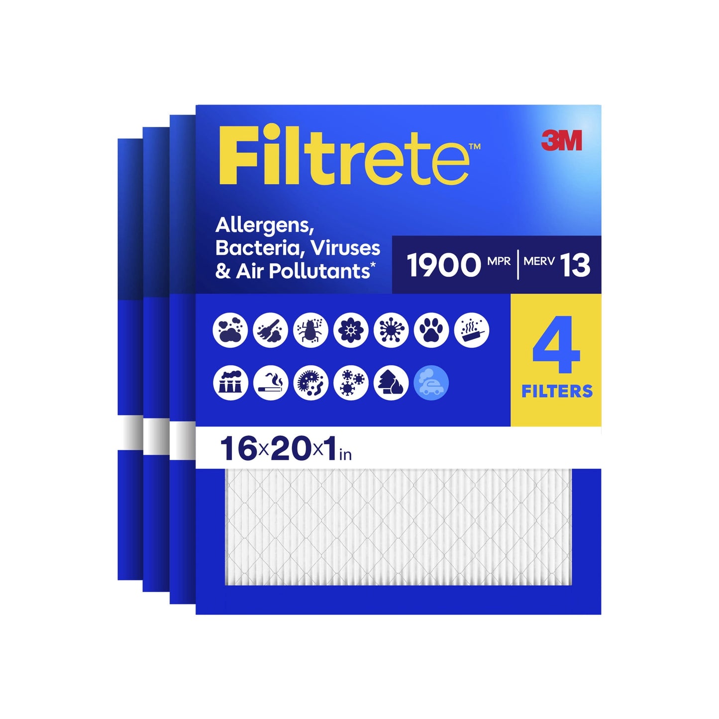 Filtrete 16x20x1 HVAC Furnace Air Filter, MPR 1900 MERV 13, Allergens Bacteria, Viruses & Air Pollutants, 4 Pack