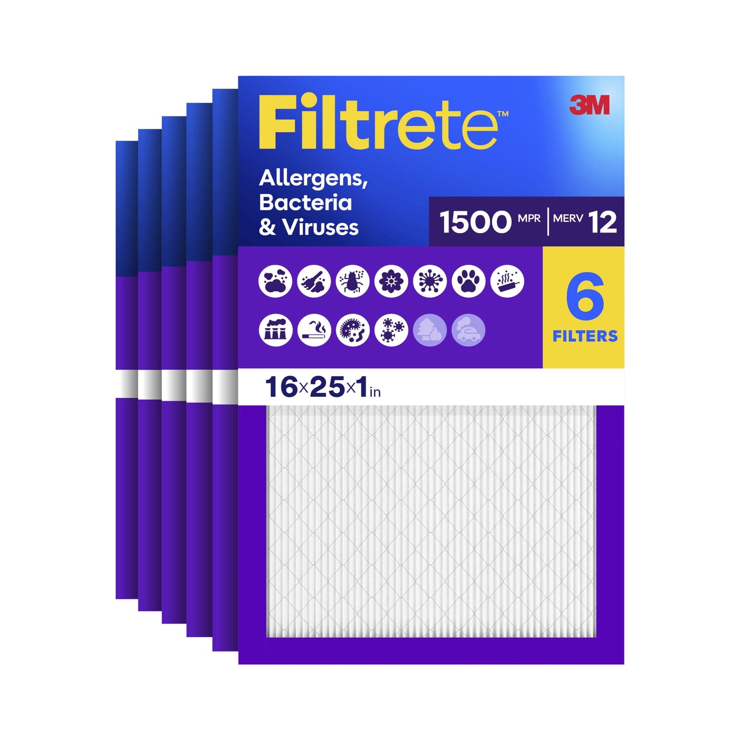 Filtrete 16x25x1 HVAC Furnace Air Filter, MPR 1500 MERV 12, Allergen, Bacteria and Virus, 2 Filters