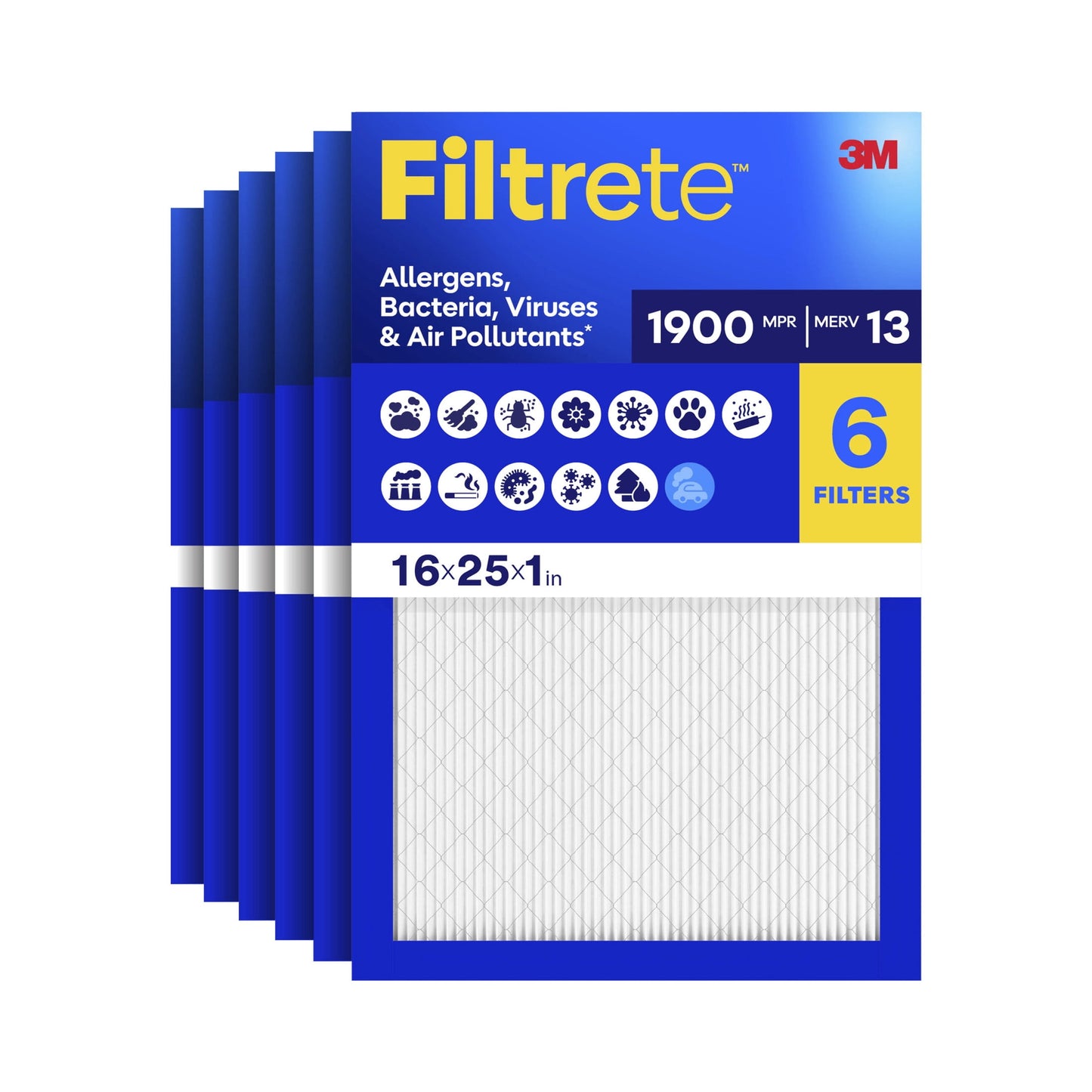 Filtrete 16x25x1 HVAC Furnace Air Filter, MPR 1900 MERV 13, Allergens Bacteria, Viruses & Air Pollutants, 6 Pack