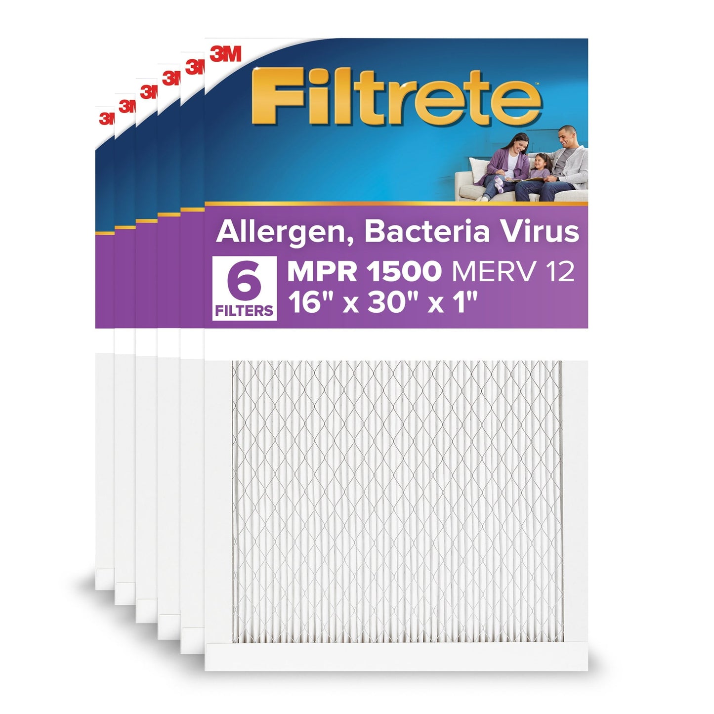 Filtrete 16x30x1 HVAC Furnace Air Filter, MPR 1500 MERV 12, Allergen, Bacteria, Virus, 4 Pack