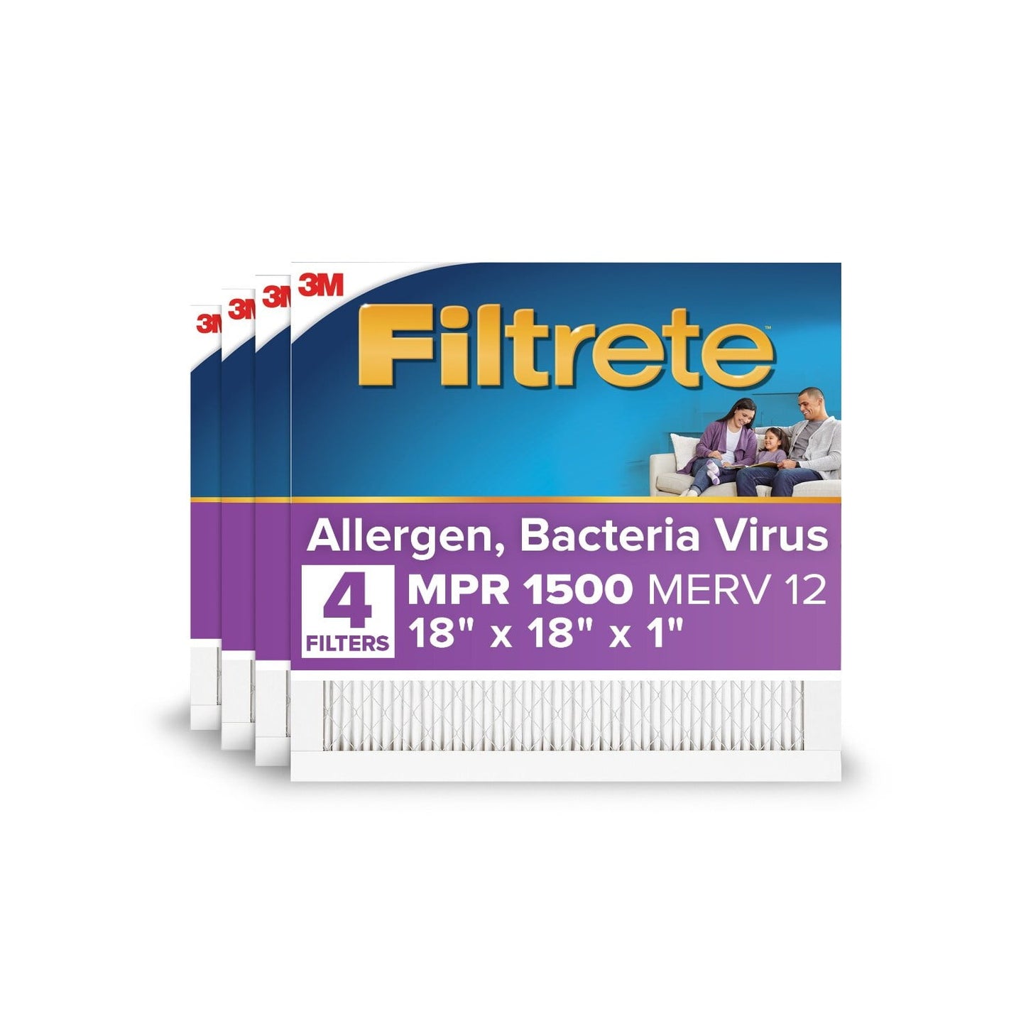 Filtrete 18x18x1 HVAC Furnace Air Filter, MPR 1500 MERV 12, Allergen, Bacteria, Virus, 4 Pack