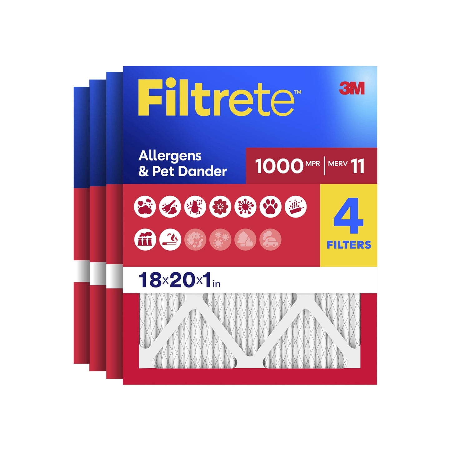 Filtrete 18x20x1 HVAC Furnace Air Filter, MPR 1000 MERV 11, Allergens & Pet Dander, 4 Pack