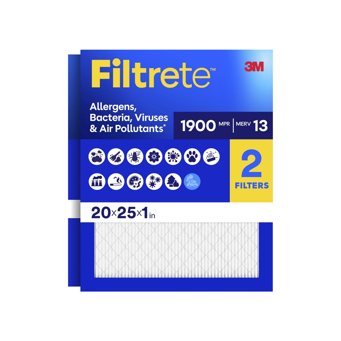 Filtrete 20x25x1 HVAC Furnace Air Filter, MPR 1900 MERV 13, Allergens Bacteria, Viruses & Air Pollutants, 2 Pack