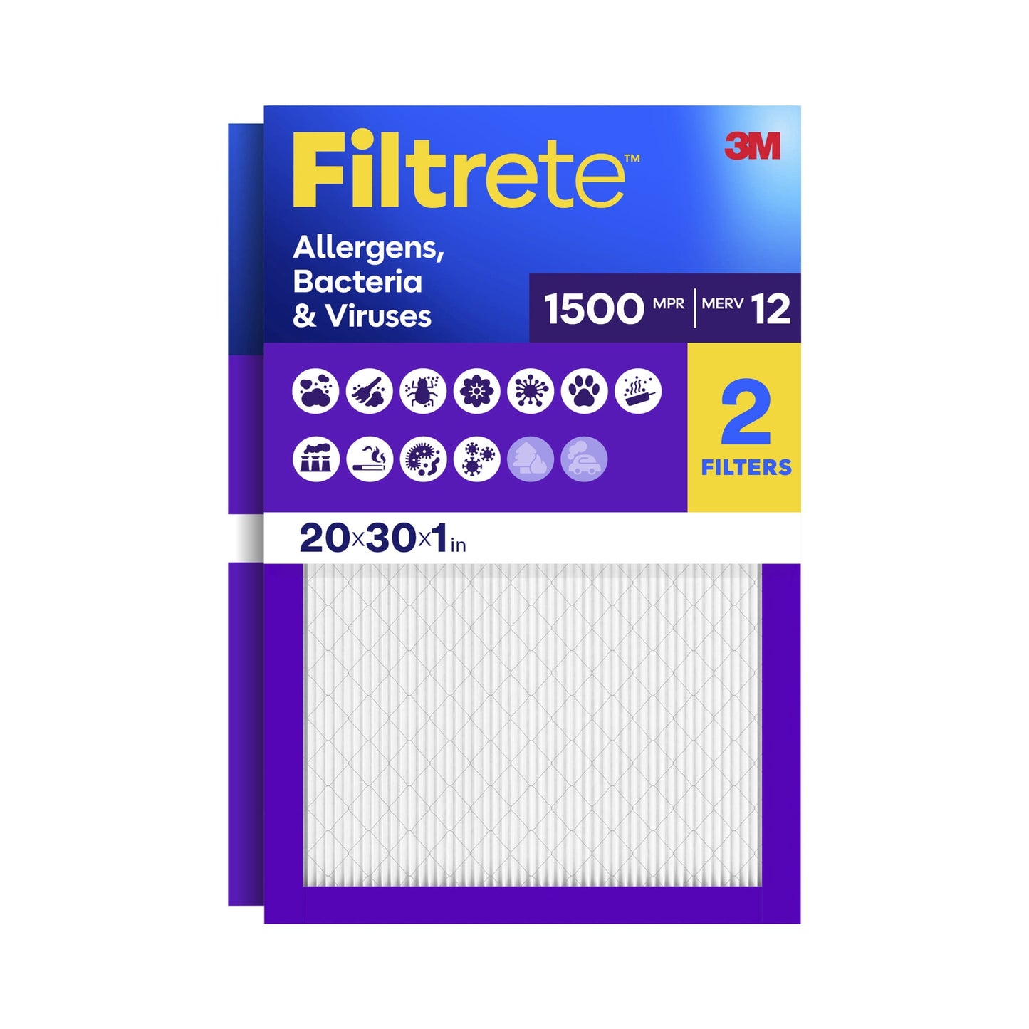 Filtrete 20x30x1 HVAC Furnace Air Filter, MPR 1500 MERV 12, Allergens, Bacteria & Viruses, 2 Pack