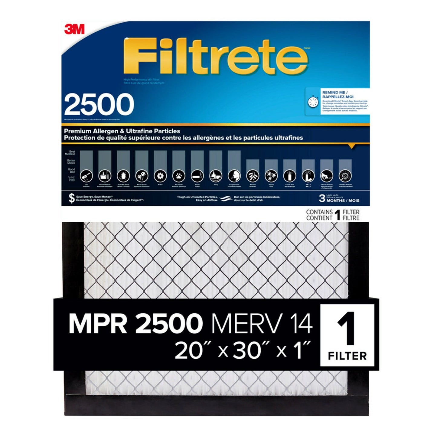 Filtrete Filtro de Aire 20x30x1, MPR 2500 MERV 14, Alérgenos Premium y PartÃculas Ultrafinas, 1 Filtro