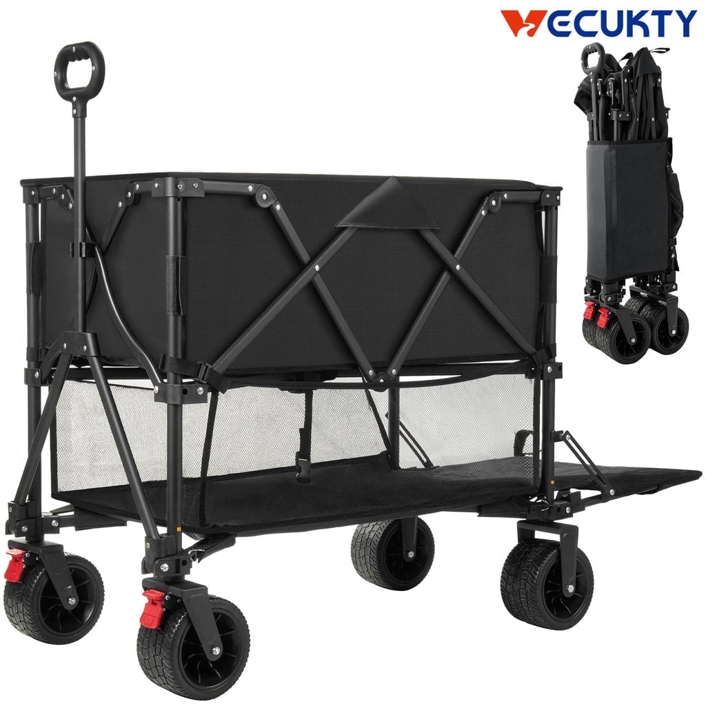 Folding Double Decker Garden Wagon, VECUKTY Heavy Duty Collapsible Camping Wagon Cart with 54" Lower Decker, All-Terrain Big Wheels Support Up to 500lbs, Blue
