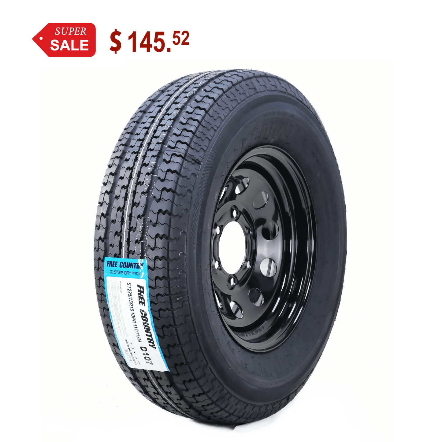 Free Country Trailer Tire Wheel Assembly ST225/75R15 10-Ply E 117M 6 Lug on 5.5" PCD Black Mod Rim