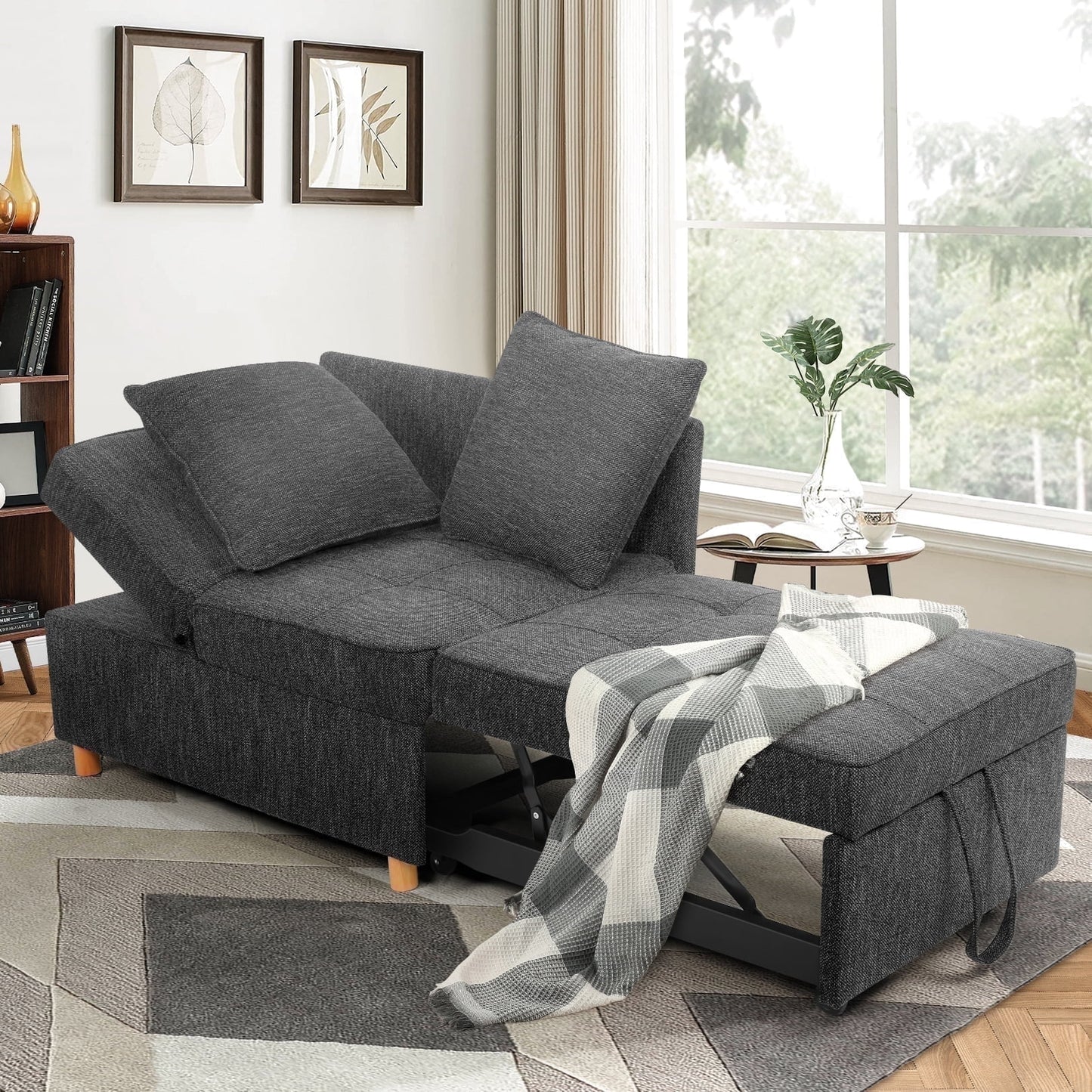 SEJOV 4-in-1 Convertible Sofa Chair Bed, Linen Sleeper Chair for Small Space, Futon Sofa Bed with 5 Adjustable Backrest, Single Small Couch for Living Room Bedroom Apartment, Gray