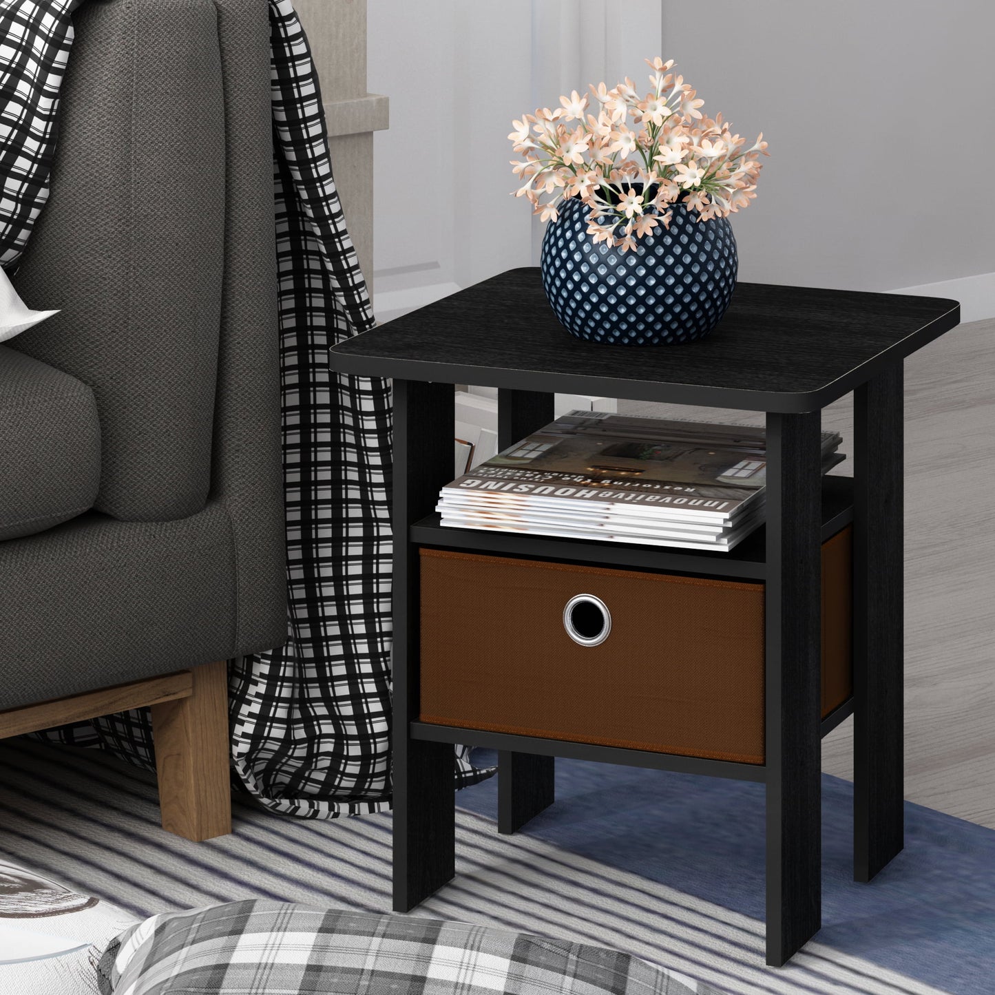 Furinno Andrey End Table with Bin Drawer, Americano/Medium Brown