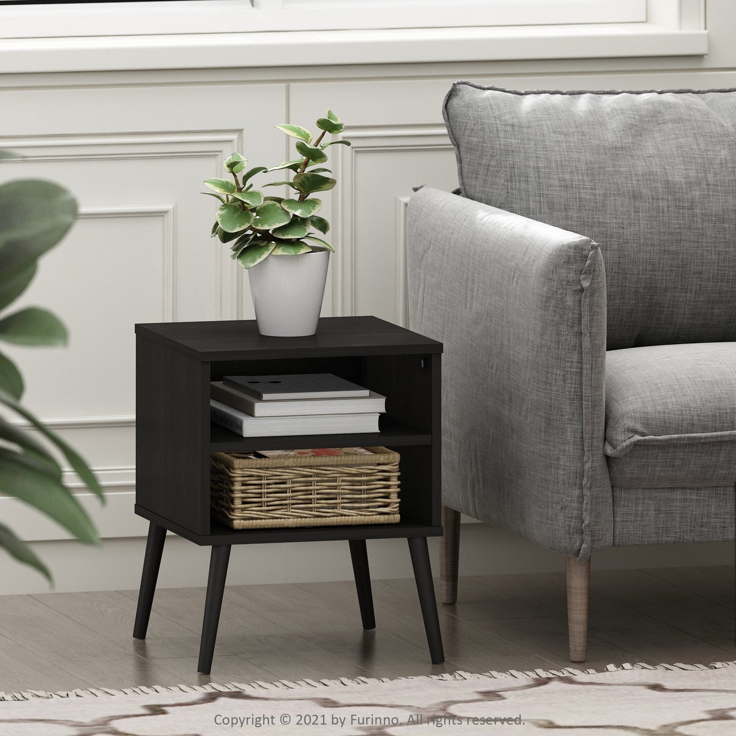 Furinno Claude Mid Century Style Nightstand with Wood Legs, Espresso