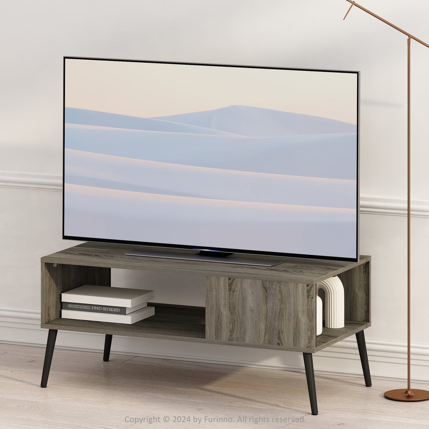 Furinno Claude Mid Century Style TV Stand for TV up to 40 with Wood Legs, French Oak