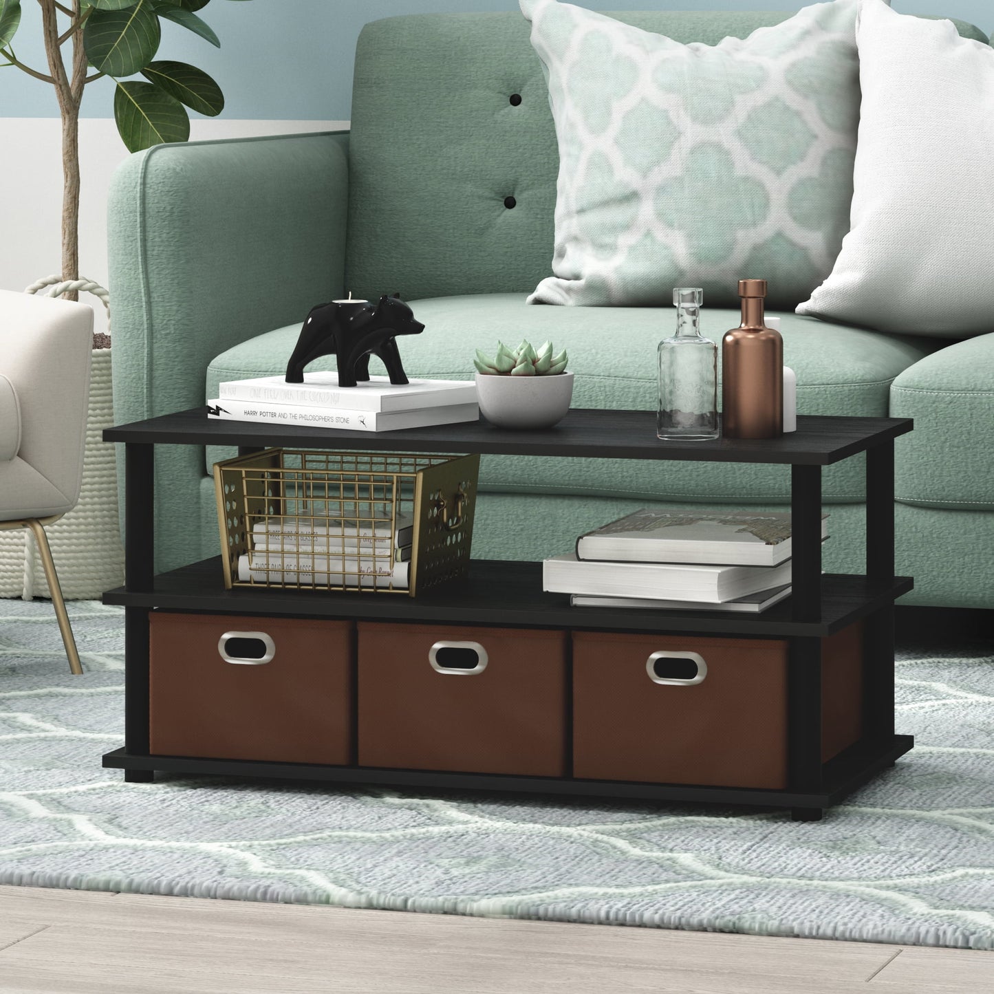 Furinno Mesa de Centro Rectangular Contemporánea de Madera con Almacenamiento, Roble Negro/marrón