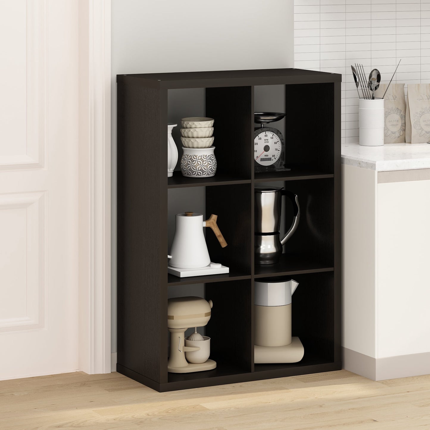 Furinno Hermite 6-Cube Open Shelves Kitchen Storage, Kitchen Island, Bakers Rack, Buffet Sideboard, Dark Oak