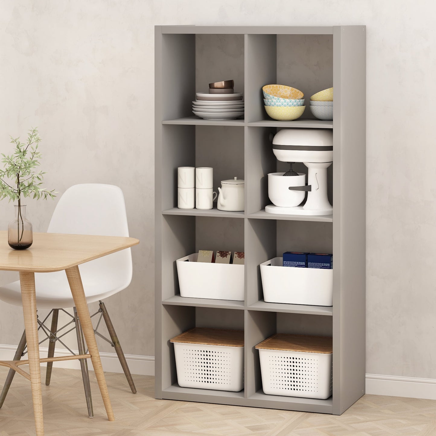 Furinno Hermite 8-Cube Open Shelves Kitchen Storage, Kitchen Island, Bakers Rack, Buffet Sideboard, Light Grey