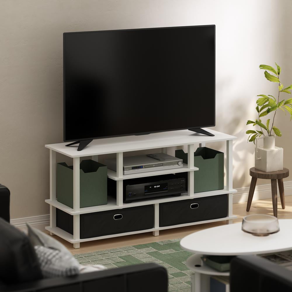 JAYA Large TV Stand for up to 55-Inch TV with Storage Bin, White/White/Black