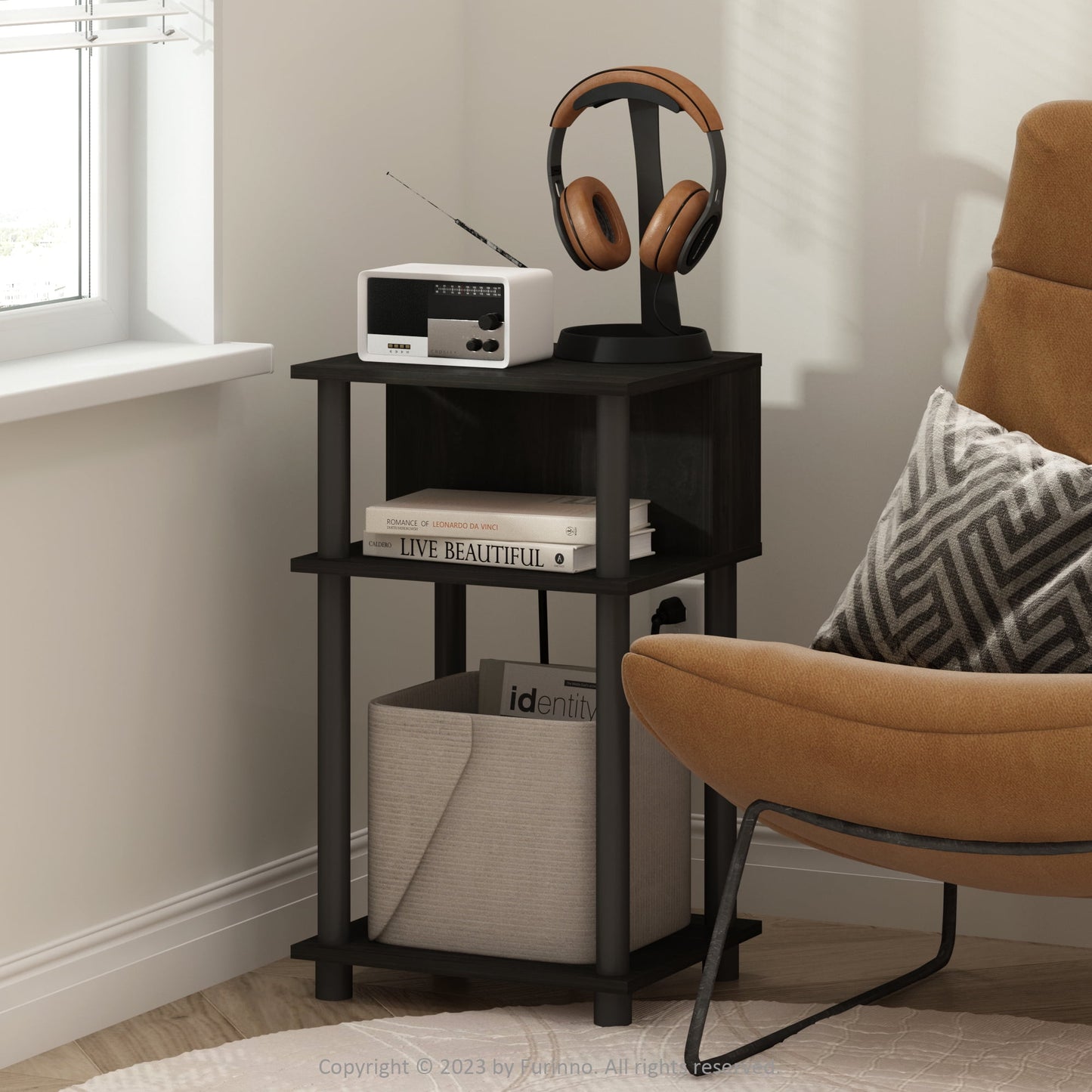Furinno Just Mesa Auxiliar de Almacenamiento Abierto de 3 Niveles con Puerto de Carga USB y Tipo C, Espresso/negro
