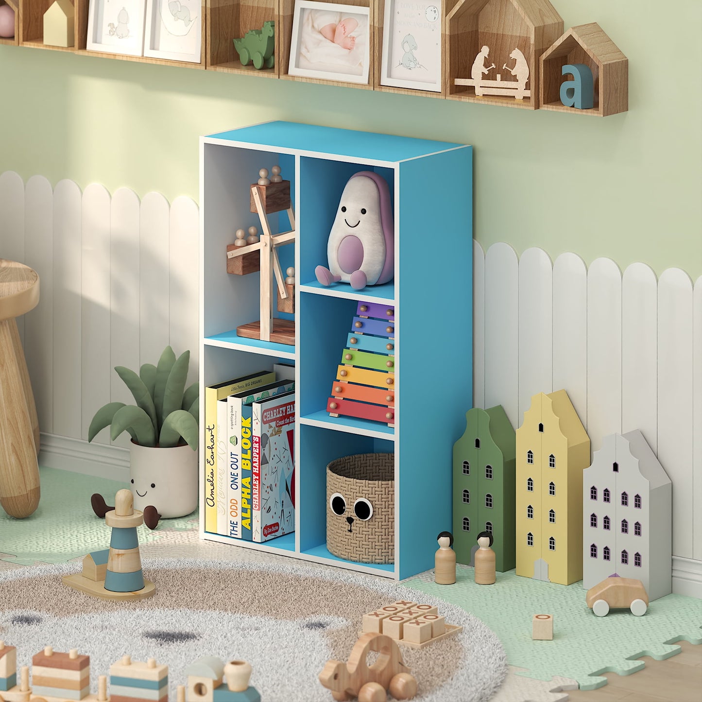 Furinno LUDER 5-Cube Blue Cube Storage Organizer. Bookcase. White/Light Blue