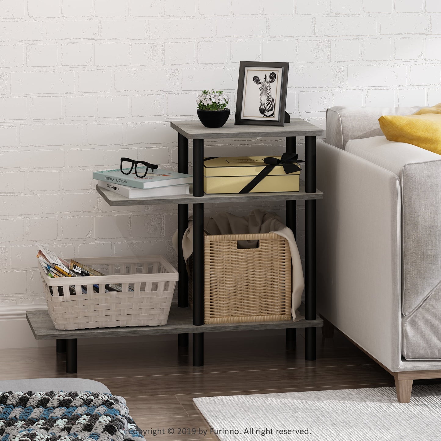 Furinno Turn-N-Tube 3-Tier Sofa Side Table, French Oak/Black