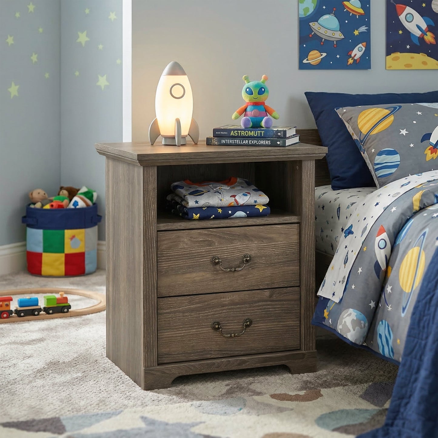 Furniture of America Chara Modern Wood 2-Drawer Nightstand with Open Top Shelf, Dark Gray